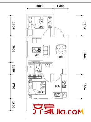 山水黔城戶型圖一組團K2戶型 2室2廳1衛(wèi)1廚