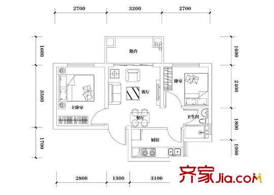 山水黔城戶型圖一組團K1戶型 2室2廳1衛(wèi)1廚
