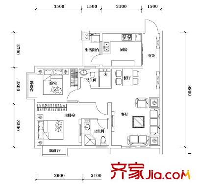 山水黔城戶型圖一組團K6戶型 2室2廳2衛(wèi)1廚