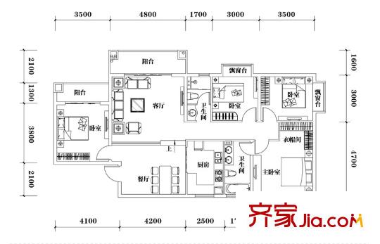 山水黔城戶型圖一組團S1戶型 4室2廳2衛(wèi)1廚
