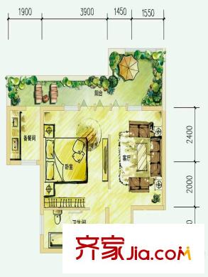 中鐵國際生態(tài)城一期復合式合院H戶型 1室1廳1衛(wèi)