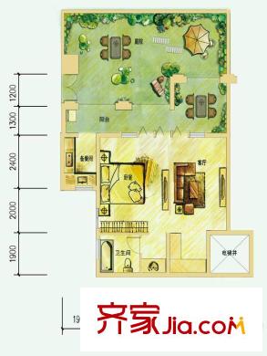 中鐵國際生態(tài)城一期復合式合院G戶型 1室1廳1衛(wèi)