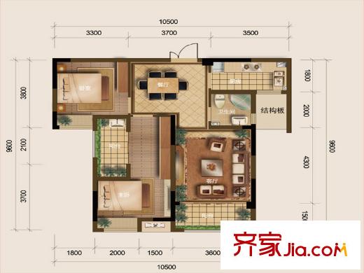 俊發(fā)城一期B2號樓B1戶型 2室2廳1衛(wèi)1廚