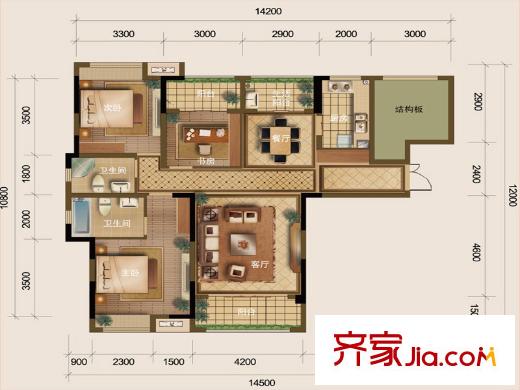 俊發(fā)城一期B2號樓C戶型 3室2廳2衛(wèi)1廚