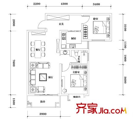 山水黔城戶型圖一組團K5戶型 2室2廳1衛(wèi)1廚