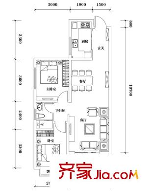 山水黔城戶型圖一組團K4戶型 2室2廳1衛(wèi)1廚