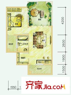 中鐵國際生態(tài)城一期復合式合院D戶型 1室1廳1衛(wèi)