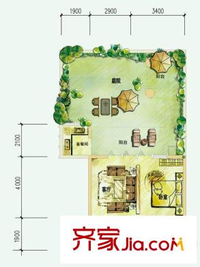中鐵國際生態(tài)城一期公寓式合院C戶型 1室1廳1衛(wèi)