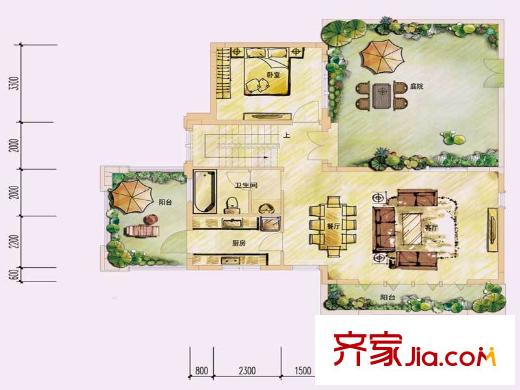 中鐵國際生態(tài)城一期B1戶型一層 1室2廳1衛(wèi)1廚