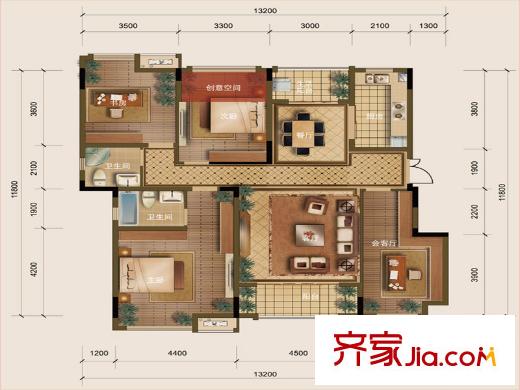 俊發(fā)城一期B2號樓D1戶型 4室2廳2衛(wèi)1廚
