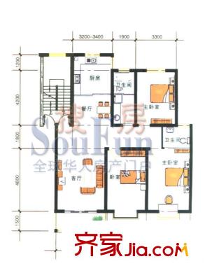 嘉和苑戶(hù)型圖F 3室2廳2衛(wèi)1廚