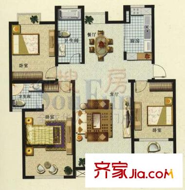 銀泰雅苑戶型圖H-D3 3室2廳2衛(wèi)1廚