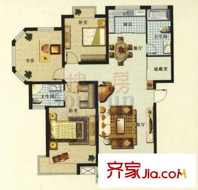 銀泰雅苑戶型圖D-A戶型 3室2廳2衛(wèi)1廚