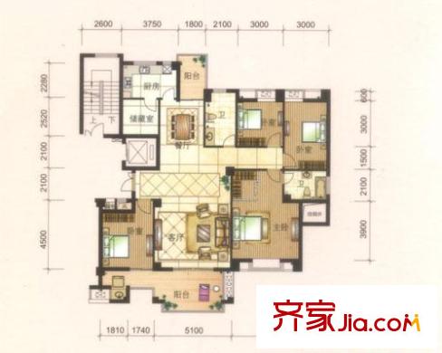 祥生旺庭公館戶型圖1#樓A戶型4室2廳2衛(wèi)1廚195.00平方米 