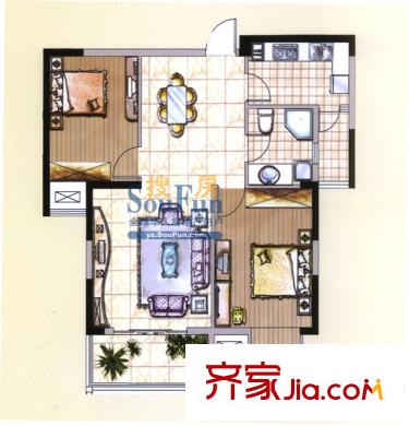 魏西花園戶型圖1、3棟B2戶型2室2廳1衛(wèi)1廚90.00平方米 