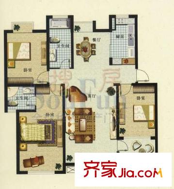 銀泰雅苑戶型圖H-B3 3室2廳2衛(wèi)1廚