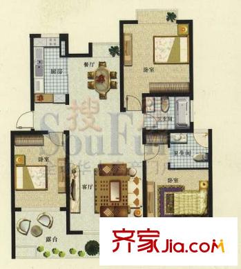 銀泰雅苑戶型圖H-C3 3室2廳2衛(wèi)1廚