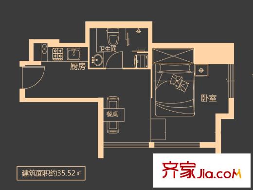 力寶頤景國(guó)際大酒店公寓一戶型 1室1廳1衛(wèi)1廚