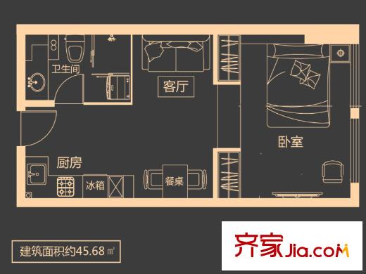 力寶頤景國(guó)際大酒店公寓二戶型 1室1廳1衛(wèi)1廚