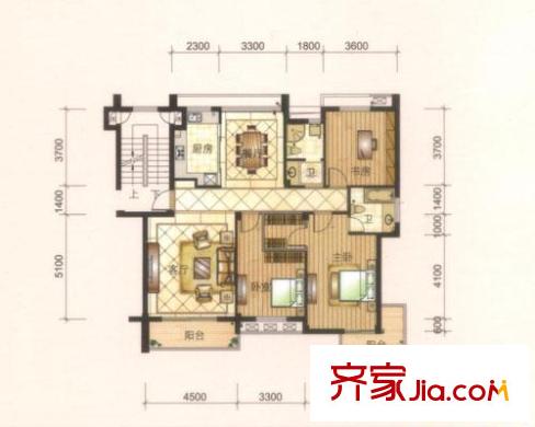 祥生旺庭公館戶型圖2#、7#樓B戶型3室2廳2衛(wèi)1廚135.00平方米 
