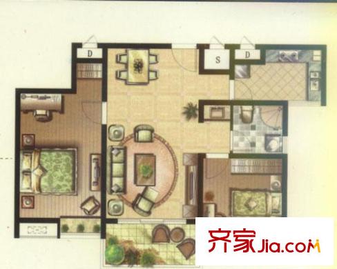 彩弘國(guó)際戶型圖二期a6戶型 2室2廳2衛(wèi)1廚