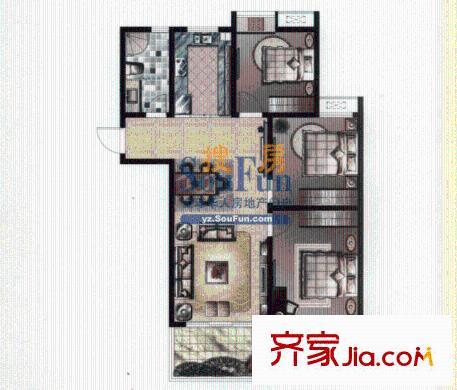 彩弘國(guó)際戶型圖b8戶型 3室2廳1衛(wèi)1廚