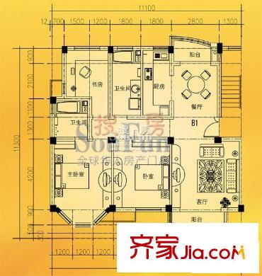 香格里拉花園戶型圖b戶型 3室2廳1衛(wèi)1廚