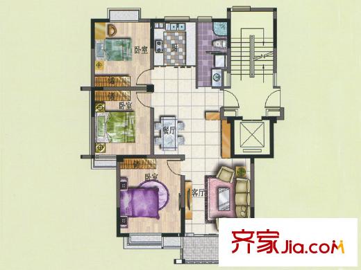 上佳城戶型圖B戶型 3室2廳1衛(wèi)1廚