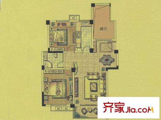 綠地運(yùn)河紀(jì)戶(hù)型圖上方公館GB9戶(hù)型 2室2廳1衛(wèi)1廚