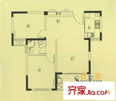 九龍灣潤園一期H2戶型 2室2廳1衛(wèi)1廚
