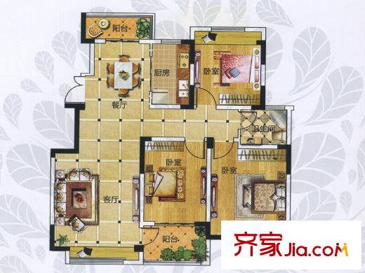 九龍灣潤園三期B2戶型 3室2廳1衛(wèi)1廚