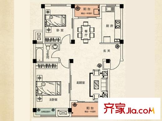 尚城多層A3戶型 2室2廳1衛(wèi)1廚