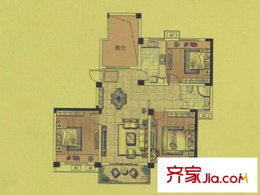 綠地運(yùn)河紀(jì)戶(hù)型圖上方公館GC15戶(hù)型 3室2廳1衛(wèi)1廚