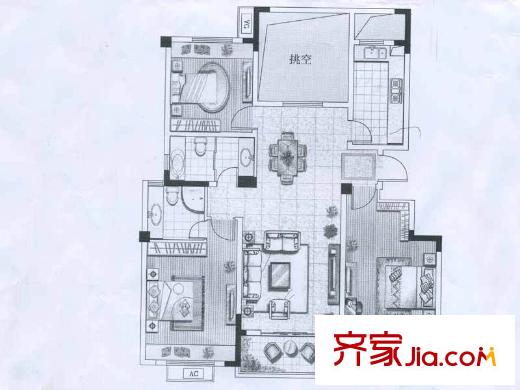 綠地運(yùn)河紀(jì)戶(hù)型圖上方公館三期戶(hù)型 3室2廳2衛(wèi)1廚