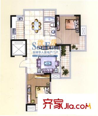 中集集品嘉園1、3棟B1戶型 2室2廳1衛(wèi)1廚