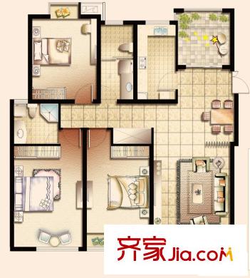 幸福魔方B戶型 3室2廳2衛(wèi)1廚