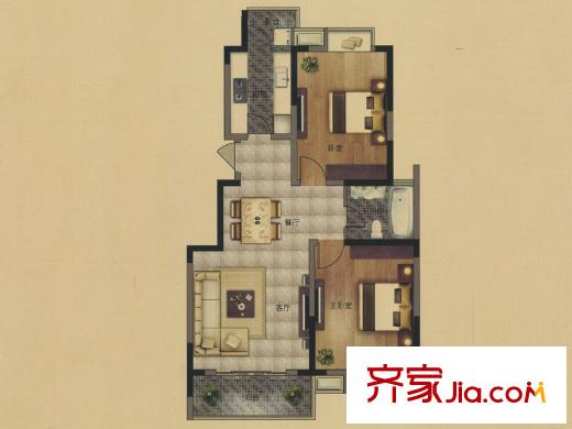 華紡西湖嶺秀A1戶型 2室2廳1衛(wèi)1廚