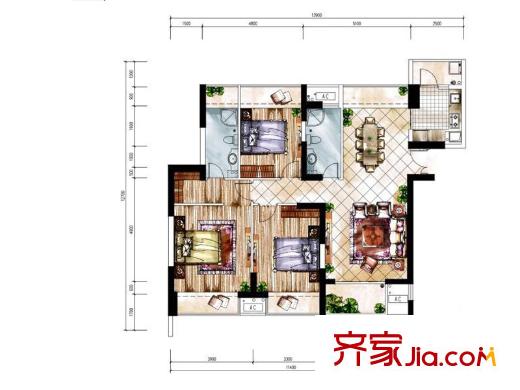天寶物華家園C戶型 3室2廳2衛(wèi)1廚