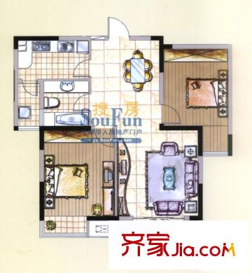 中集集品嘉園1、3棟B3戶型 2室2廳1衛(wèi)1廚