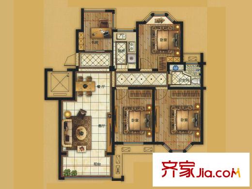 金達(dá)西湖公館D戶型 4室2廳1衛(wèi)1廚
