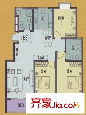 揚(yáng)州印象花園B3戶型 3室2廳1衛(wèi)1廚