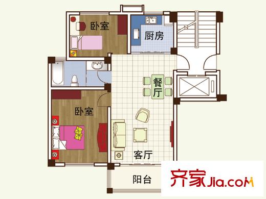 嘉怡麗景花園C戶型 2室2廳1衛(wèi)1廚