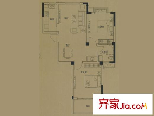 江揚(yáng)尚東國(guó)際小公寓戶型之一 2室2廳1衛(wèi)1廚
