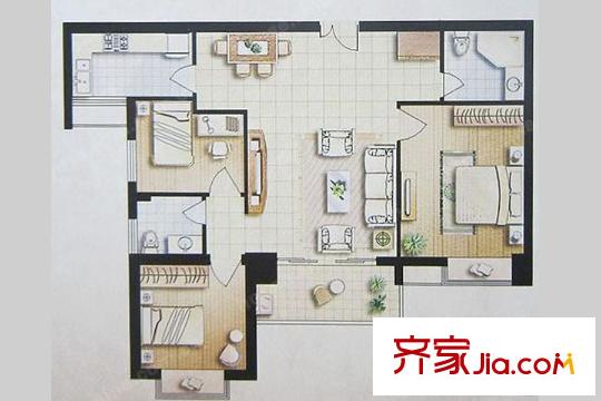 財(cái)富廣場(chǎng)D戶型 3室2廳2衛(wèi)1廚