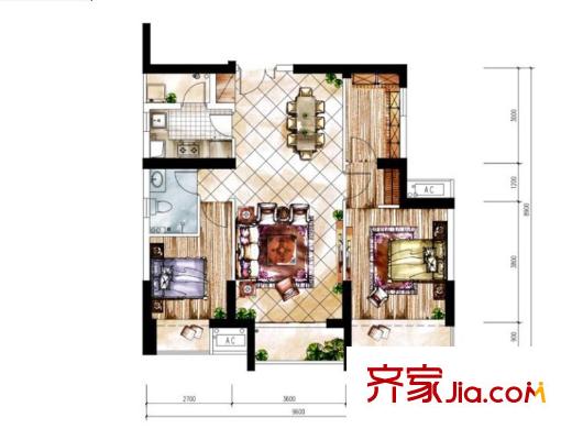 天寶物華家園D戶型 2室2廳1衛(wèi)1廚