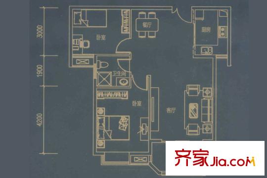 天俊華府M戶型 2室2廳1衛(wèi)1廚
