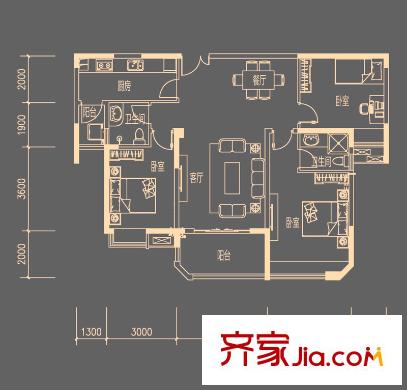 天俊華府公寓B戶型 3室2廳2衛(wèi)1廚