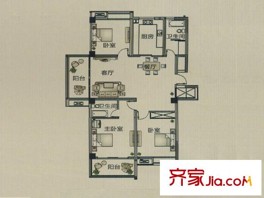 集成居小高層戶型 3室2廳2衛(wèi)1廚