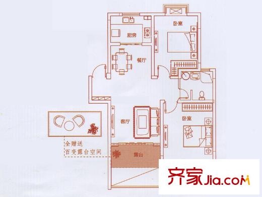 江揚(yáng)尚東國(guó)際B戶型 2室2廳1衛(wèi)1廚