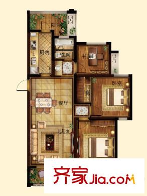 邊城香榭里8號A-3戶型 3室2廳1衛(wèi)1廚